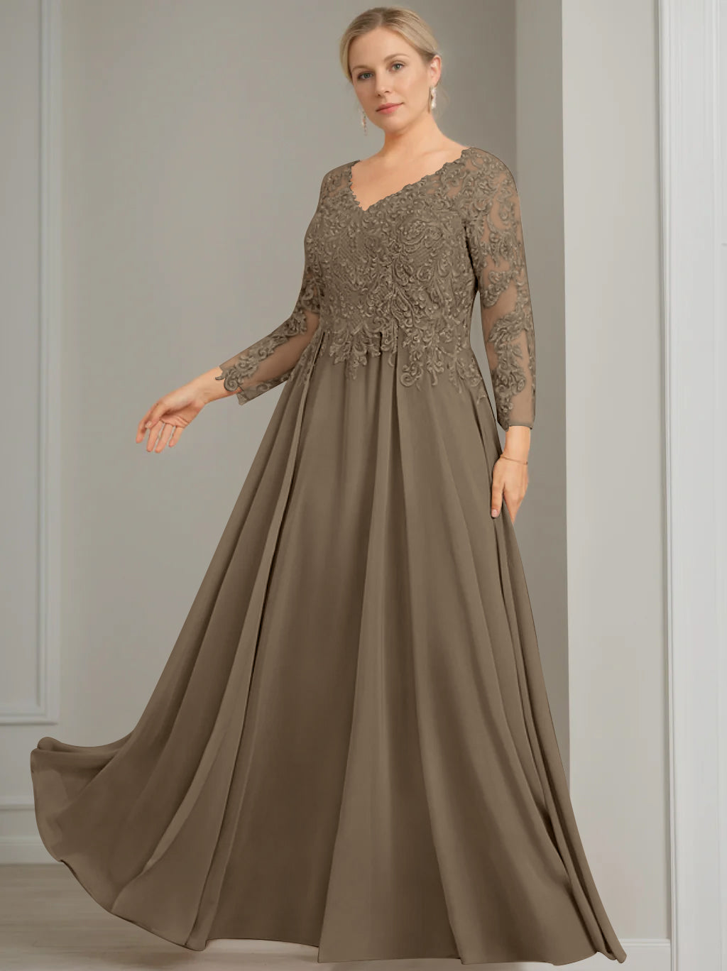 A Line Princess V Neck 3 4 Length Sleeves Floor Length Plus Size Mother Of The Bride Dresses With Sequins