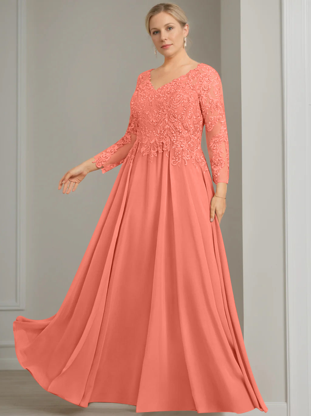 A Line Princess V Neck 3 4 Length Sleeves Floor Length Plus Size Mother Of The Bride Dresses With Sequins