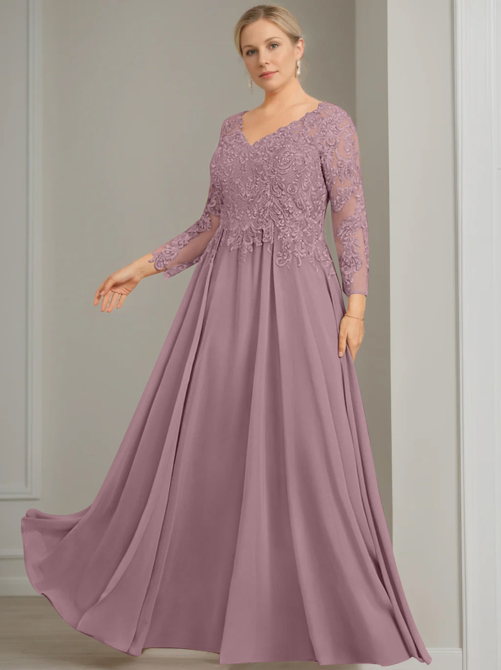 A Line Princess V Neck 3 4 Length Sleeves Floor Length Plus Size Mother Of The Bride Dresses With Sequins