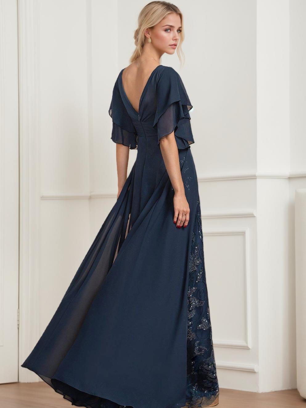 A Line Princess V Neck Half Sleeves Floor Length Plus Sizemother Of The Bride Dresses With Pleated