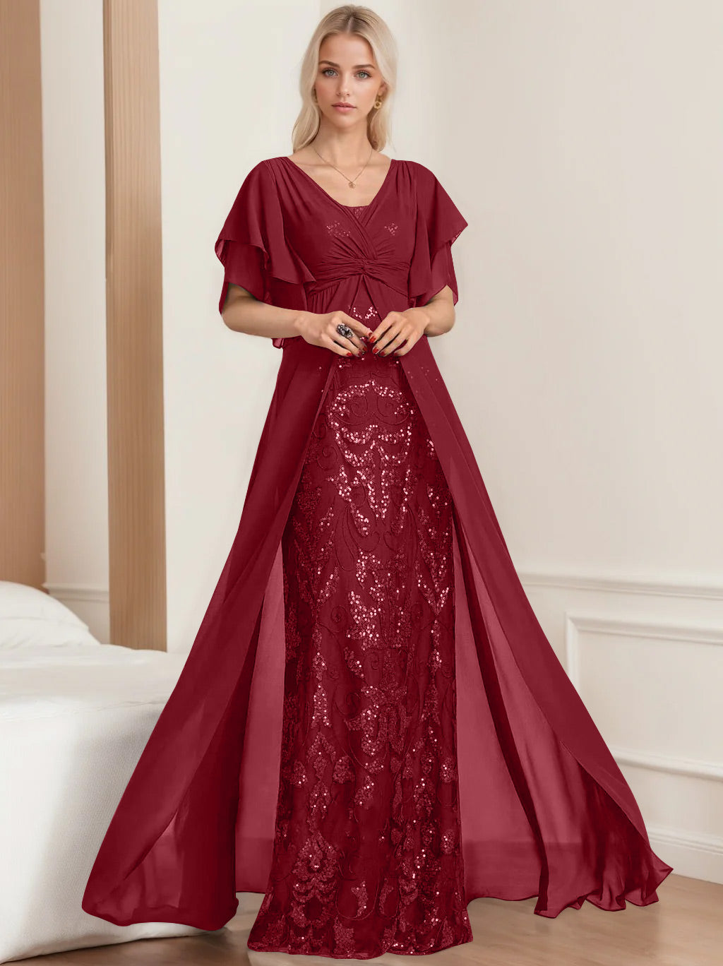 A Line Princess V Neck Half Sleeves Floor Length Plus Sizemother Of The Bride Dresses With Pleated
