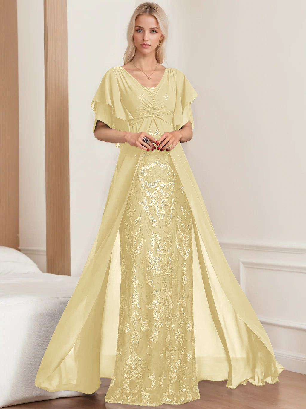 A Line Princess V Neck Half Sleeves Floor Length Plus Sizemother Of The Bride Dresses With Pleated