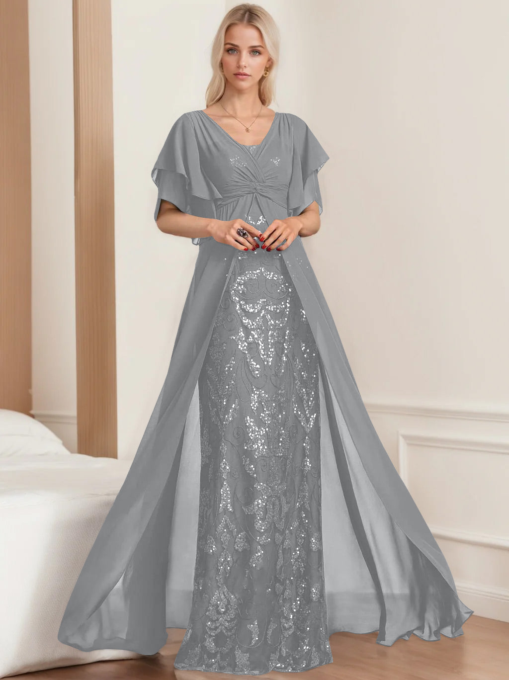 A Line Princess V Neck Half Sleeves Floor Length Plus Sizemother Of The Bride Dresses With Pleated
