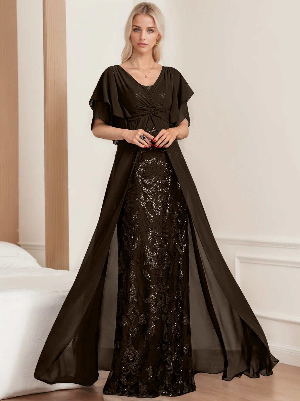 A Line Princess V Neck Half Sleeves Floor Length Plus Sizemother Of The Bride Dresses With Pleated