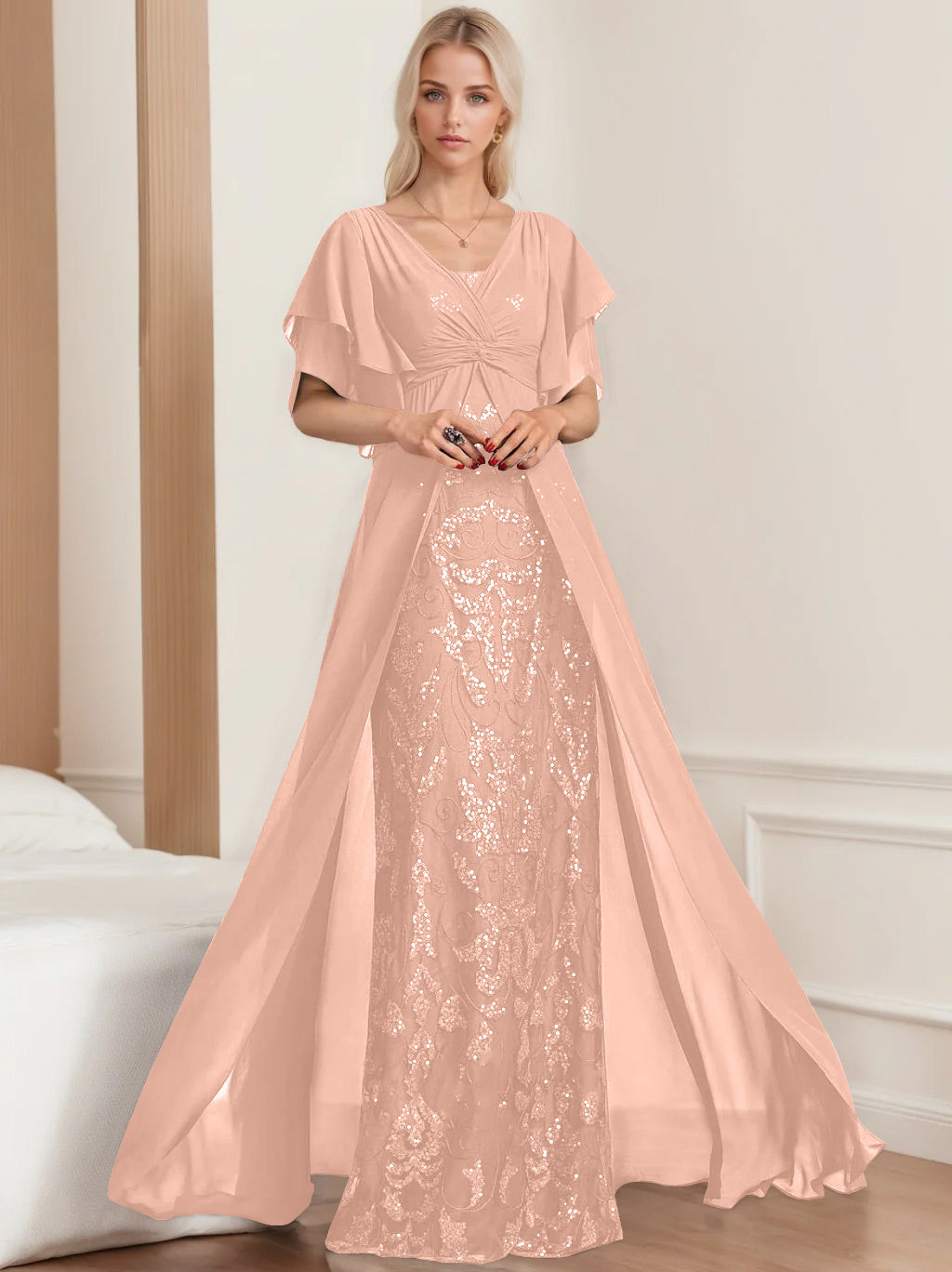 A Line Princess V Neck Half Sleeves Floor Length Plus Sizemother Of The Bride Dresses With Pleated