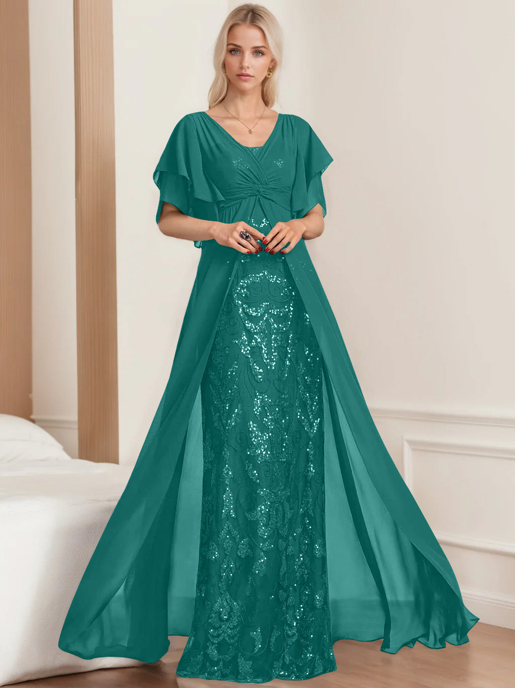 A Line Princess V Neck Half Sleeves Floor Length Plus Sizemother Of The Bride Dresses With Pleated