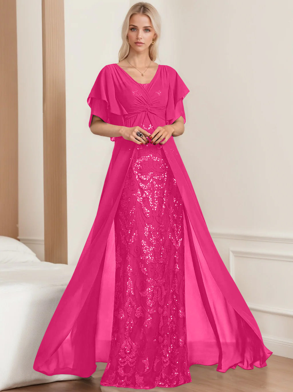 A Line Princess V Neck Half Sleeves Floor Length Plus Sizemother Of The Bride Dresses With Pleated