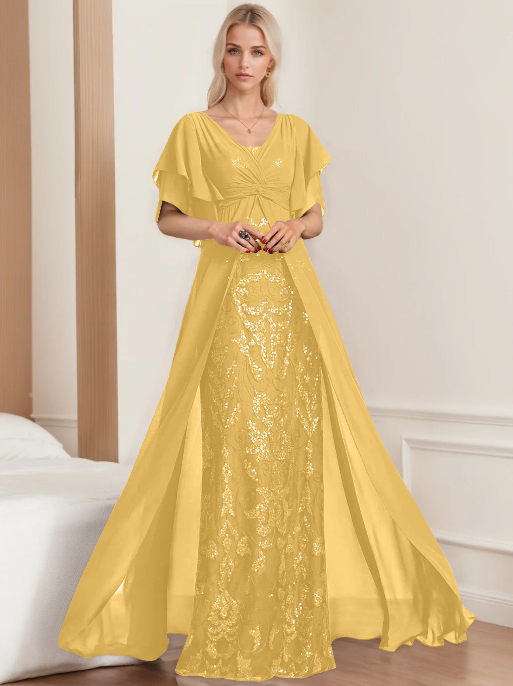A Line Princess V Neck Half Sleeves Floor Length Plus Sizemother Of The Bride Dresses With Pleated