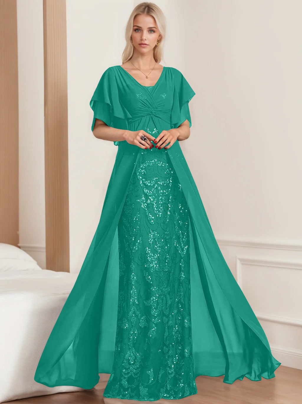 A Line Princess V Neck Half Sleeves Floor Length Plus Sizemother Of The Bride Dresses With Pleated