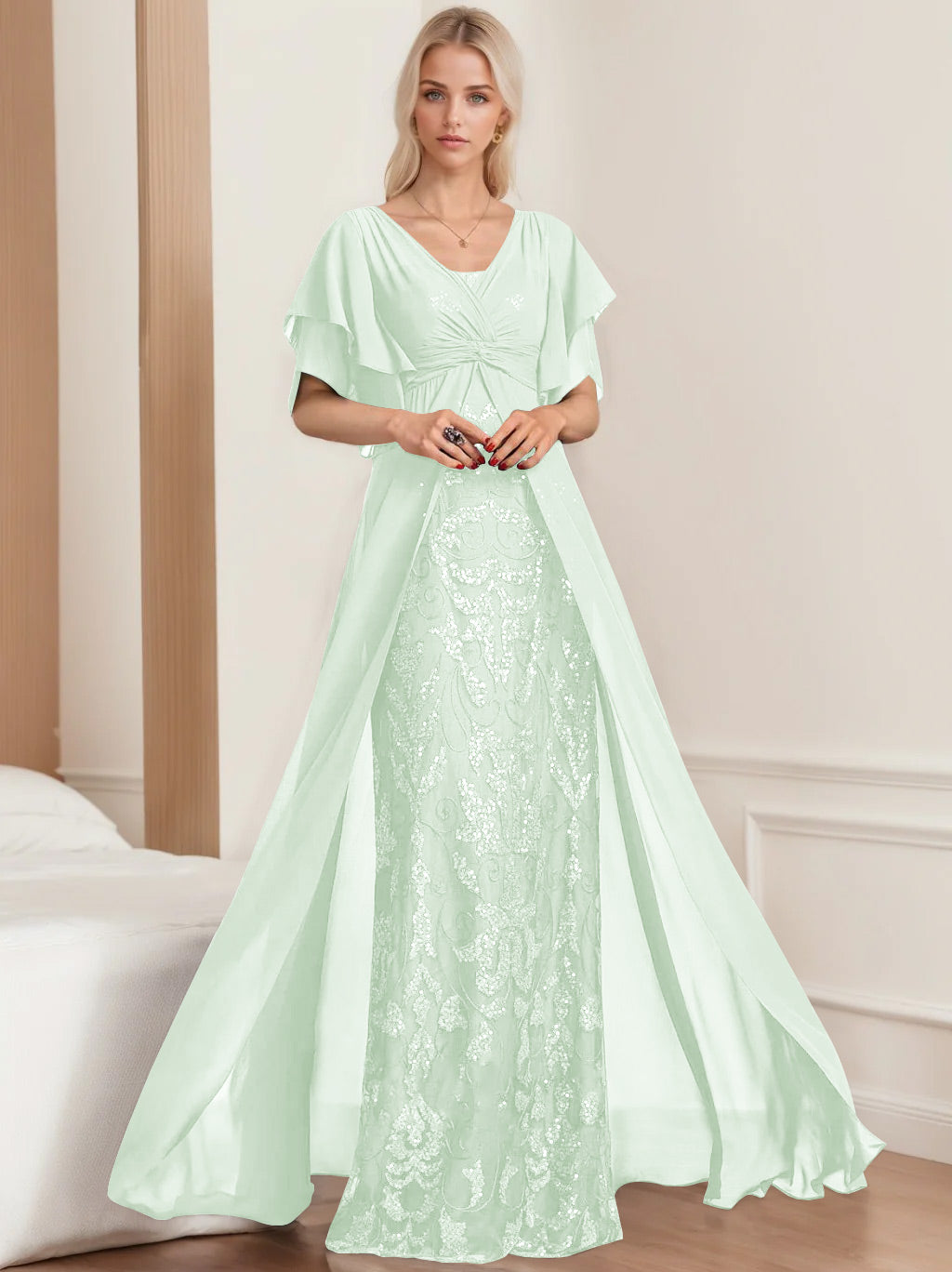 A Line Princess V Neck Half Sleeves Floor Length Plus Sizemother Of The Bride Dresses With Pleated