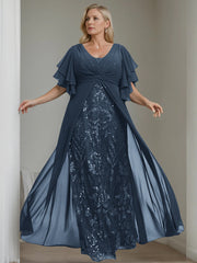 A Line Princess V Neck Half Sleeves Floor Length Plus Sizemother Of The Bride Dresses With Pleated