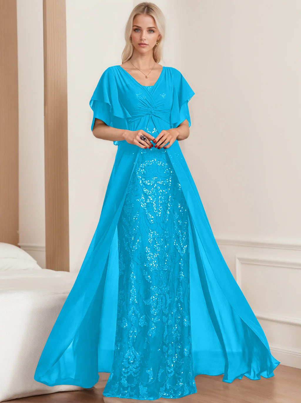 A Line Princess V Neck Half Sleeves Floor Length Plus Sizemother Of The Bride Dresses With Pleated