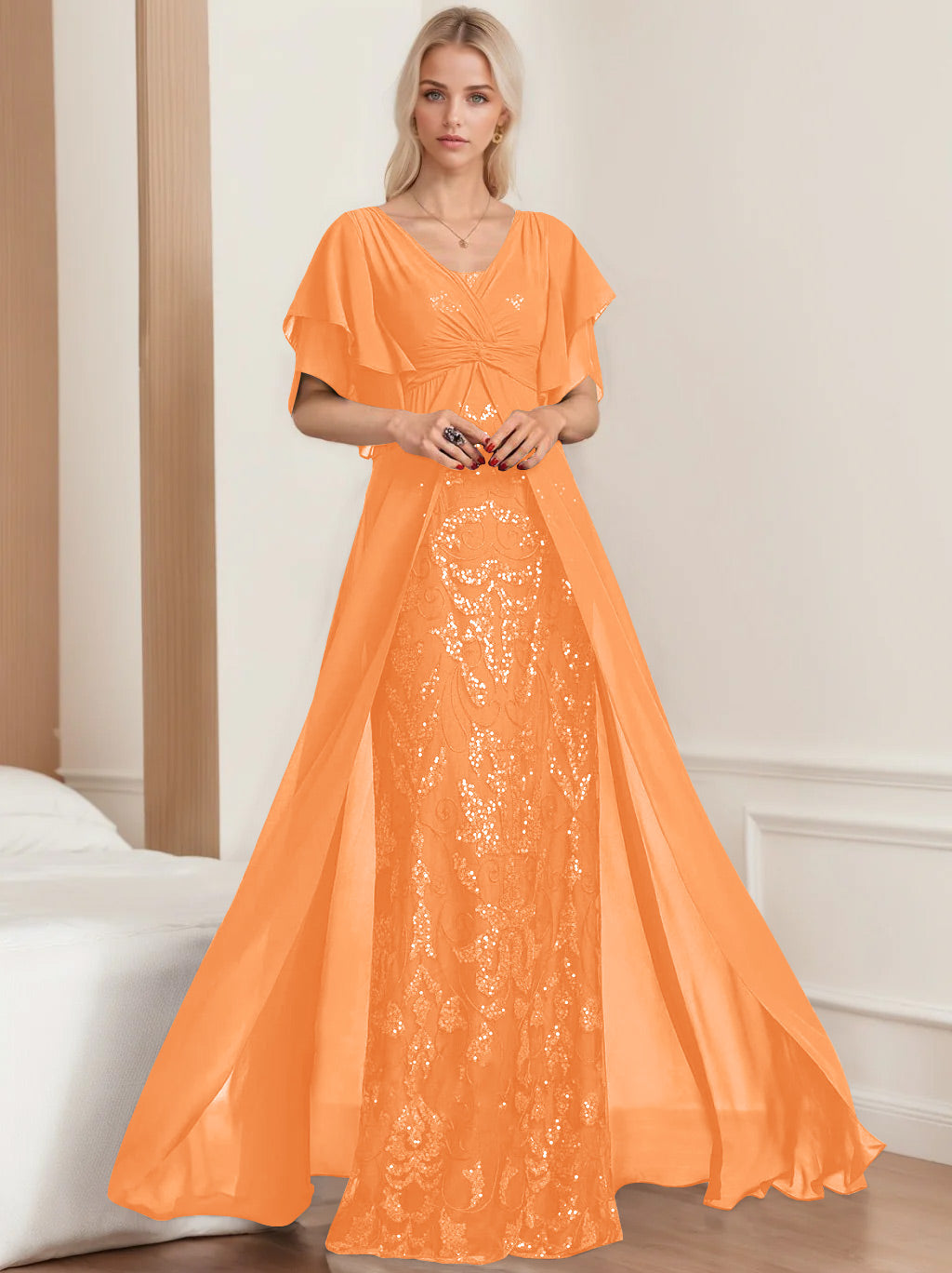 A Line Princess V Neck Half Sleeves Floor Length Plus Sizemother Of The Bride Dresses With Pleated