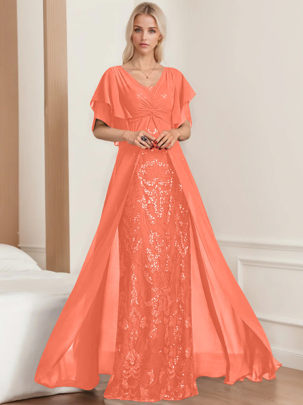 A Line Princess V Neck Half Sleeves Floor Length Plus Sizemother Of The Bride Dresses With Pleated