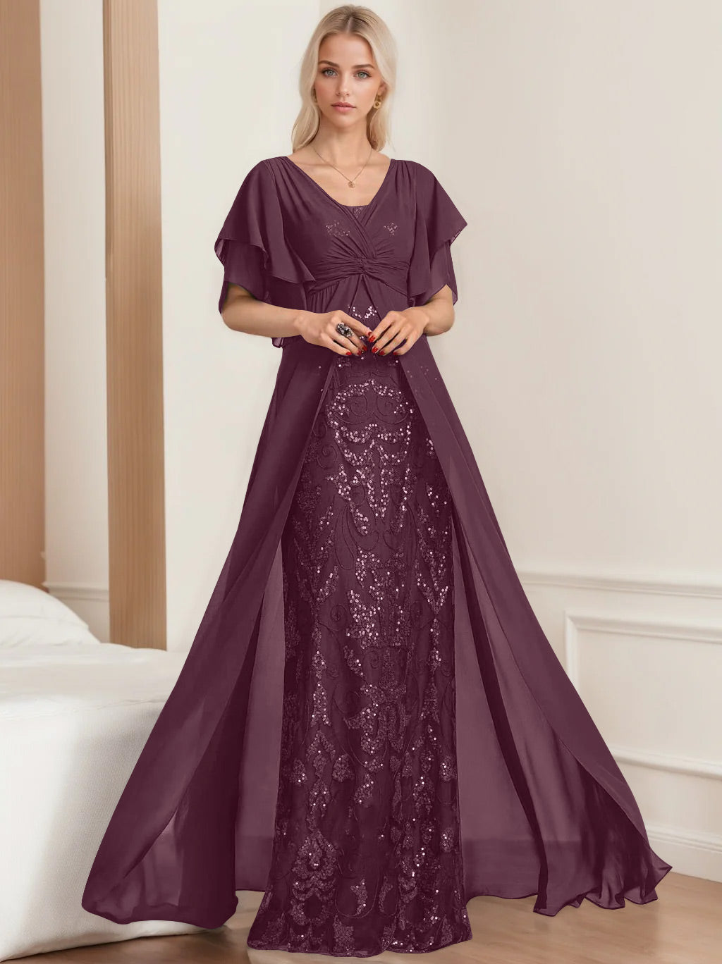 A Line Princess V Neck Half Sleeves Floor Length Plus Sizemother Of The Bride Dresses With Pleated