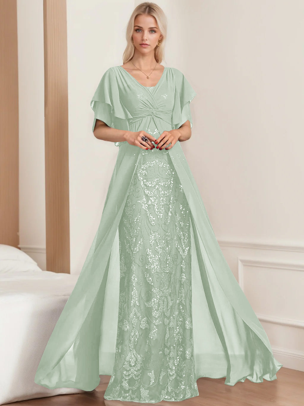 A Line Princess V Neck Half Sleeves Floor Length Plus Sizemother Of The Bride Dresses With Pleated