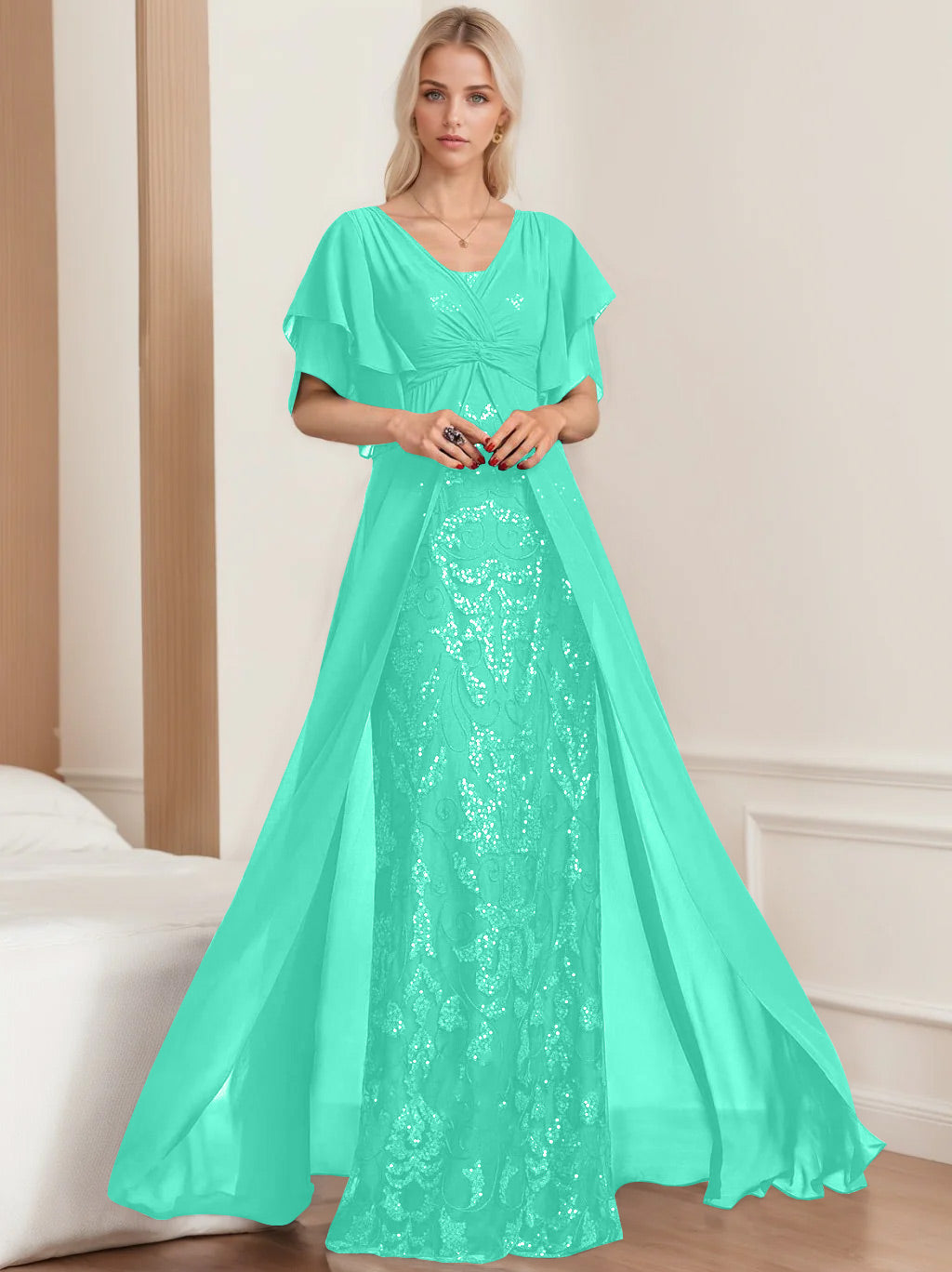 A Line Princess V Neck Half Sleeves Floor Length Plus Sizemother Of The Bride Dresses With Pleated