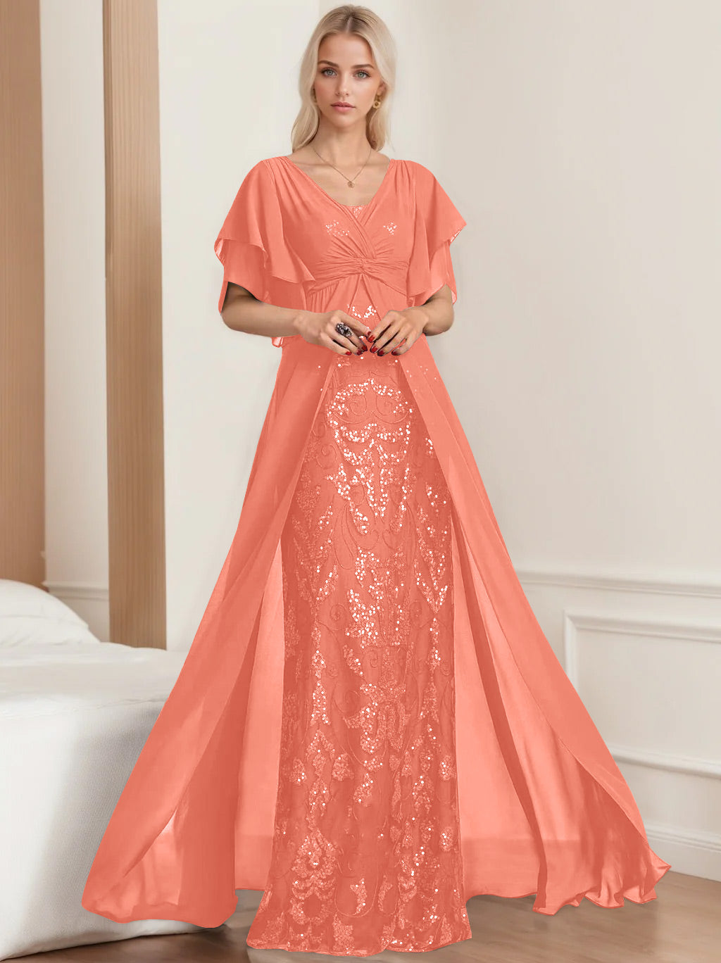 A Line Princess V Neck Half Sleeves Floor Length Plus Sizemother Of The Bride Dresses With Pleated