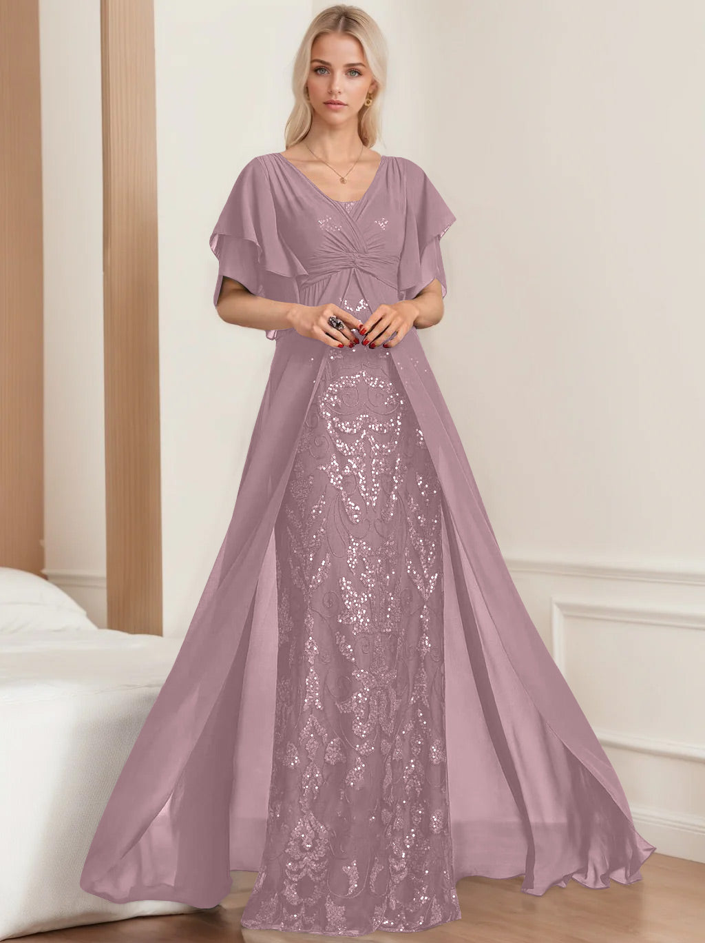 A Line Princess V Neck Half Sleeves Floor Length Plus Sizemother Of The Bride Dresses With Pleated