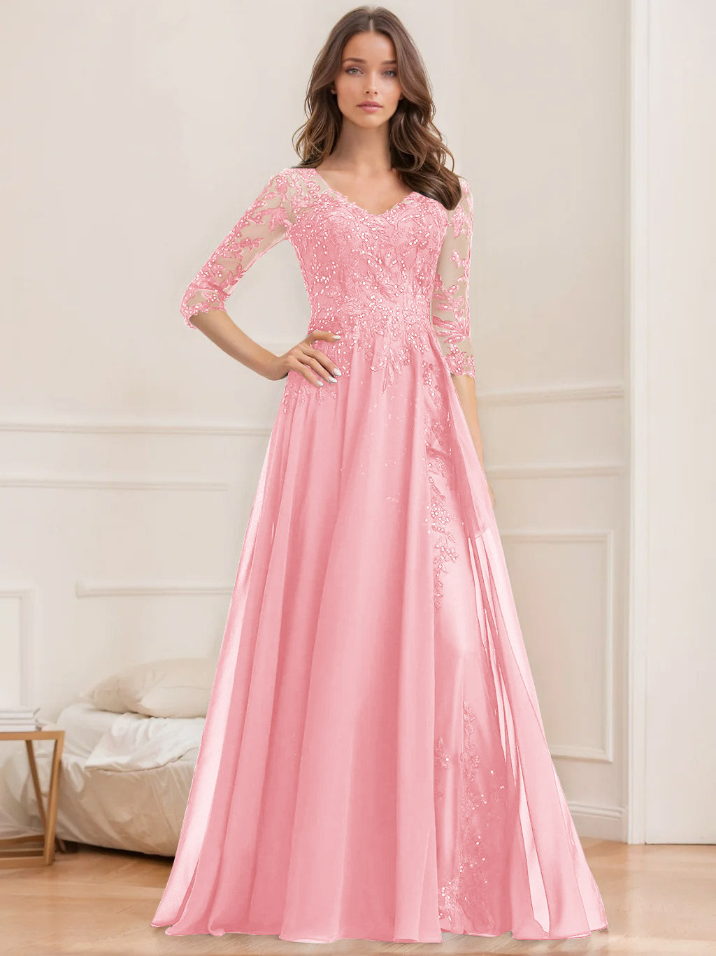A Line Princess V Neck Half Sleeves Floor Length Mother Of The Bride Dresses With Sequins