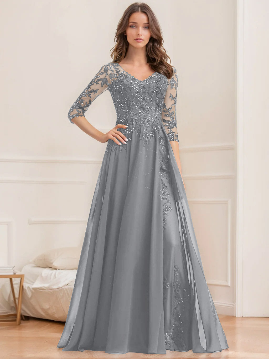 A Line Princess V Neck Half Sleeves Floor Length Mother Of The Bride Dresses With Sequins