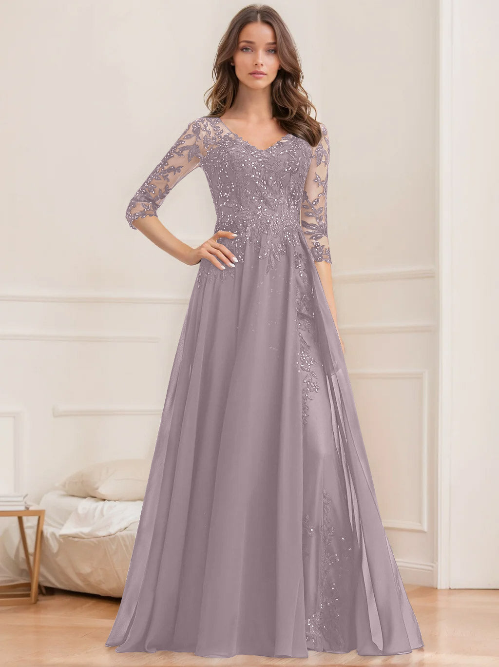 A Line Princess V Neck Half Sleeves Floor Length Mother Of The Bride Dresses With Sequins
