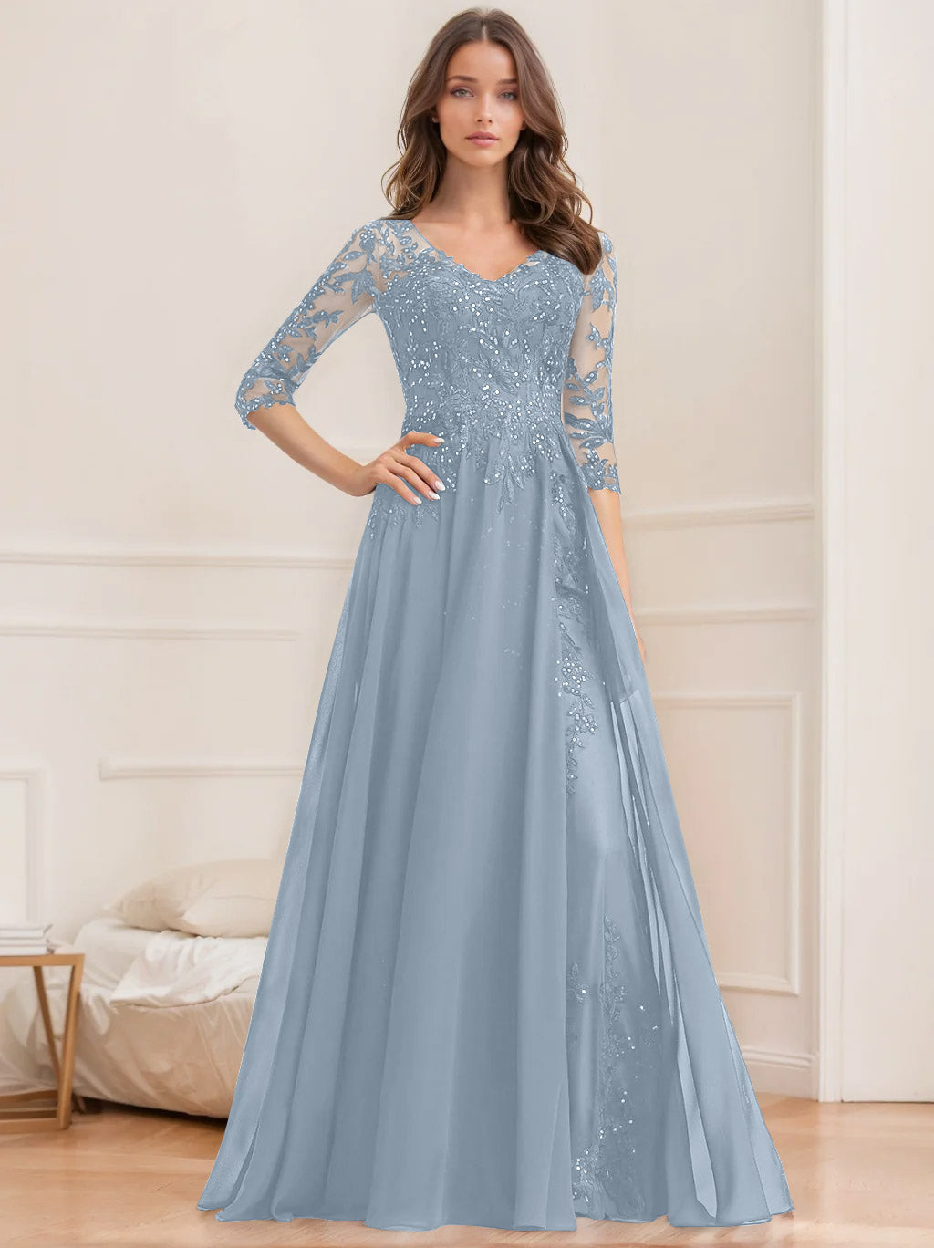 A Line Princess V Neck Half Sleeves Floor Length Mother Of The Bride Dresses With Sequins