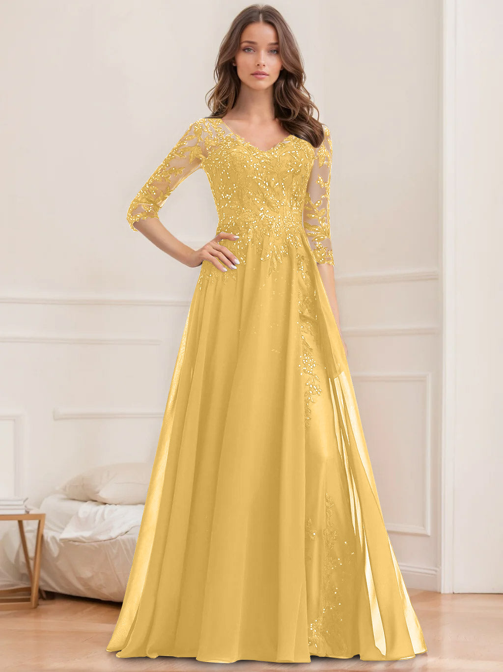 A Line Princess V Neck Half Sleeves Floor Length Mother Of The Bride Dresses With Sequins