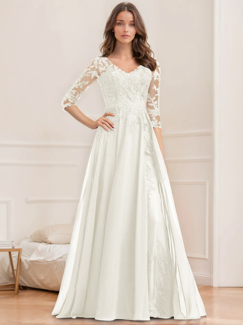A Line Princess V Neck Half Sleeves Floor Length Mother Of The Bride Dresses With Sequins
