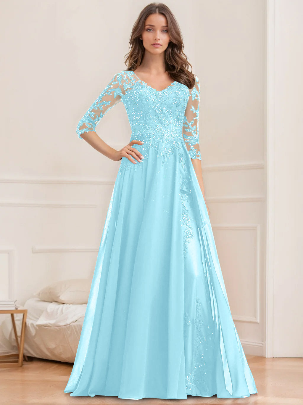 A Line Princess V Neck Half Sleeves Floor Length Mother Of The Bride Dresses With Sequins