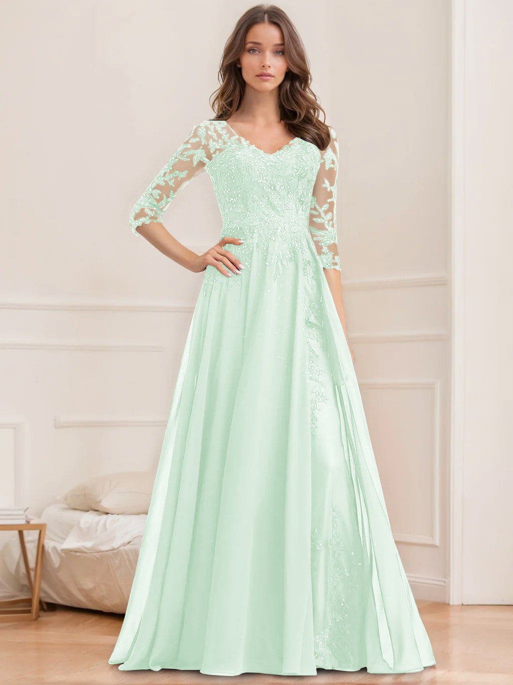 A Line Princess V Neck Half Sleeves Floor Length Mother Of The Bride Dresses With Sequins