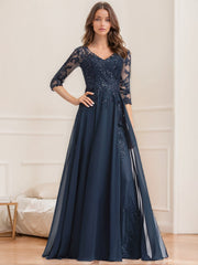 A Line Princess V Neck Half Sleeves Floor Length Mother Of The Bride Dresses With Sequins