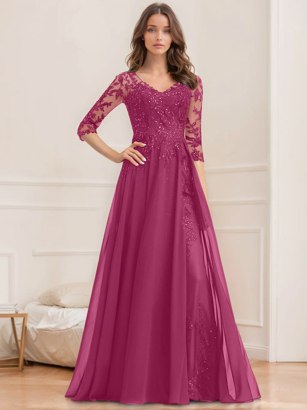 A Line Princess V Neck Half Sleeves Floor Length Mother Of The Bride Dresses With Sequins