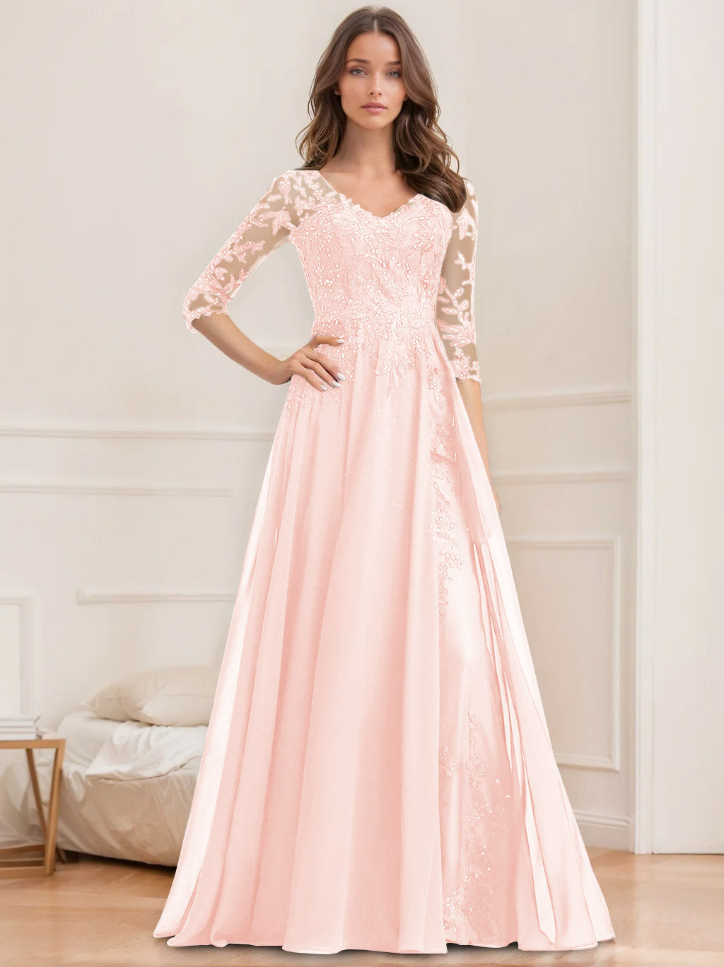 A Line Princess V Neck Half Sleeves Floor Length Mother Of The Bride Dresses With Sequins