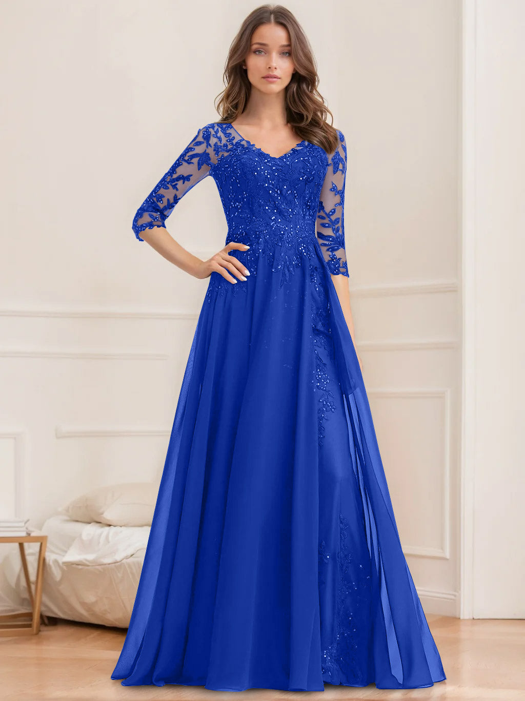 A Line Princess V Neck Half Sleeves Floor Length Mother Of The Bride Dresses With Sequins