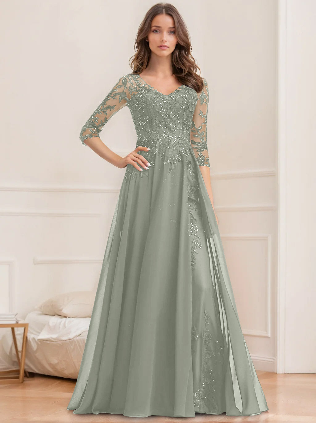 A Line Princess V Neck Half Sleeves Floor Length Mother Of The Bride Dresses With Sequins