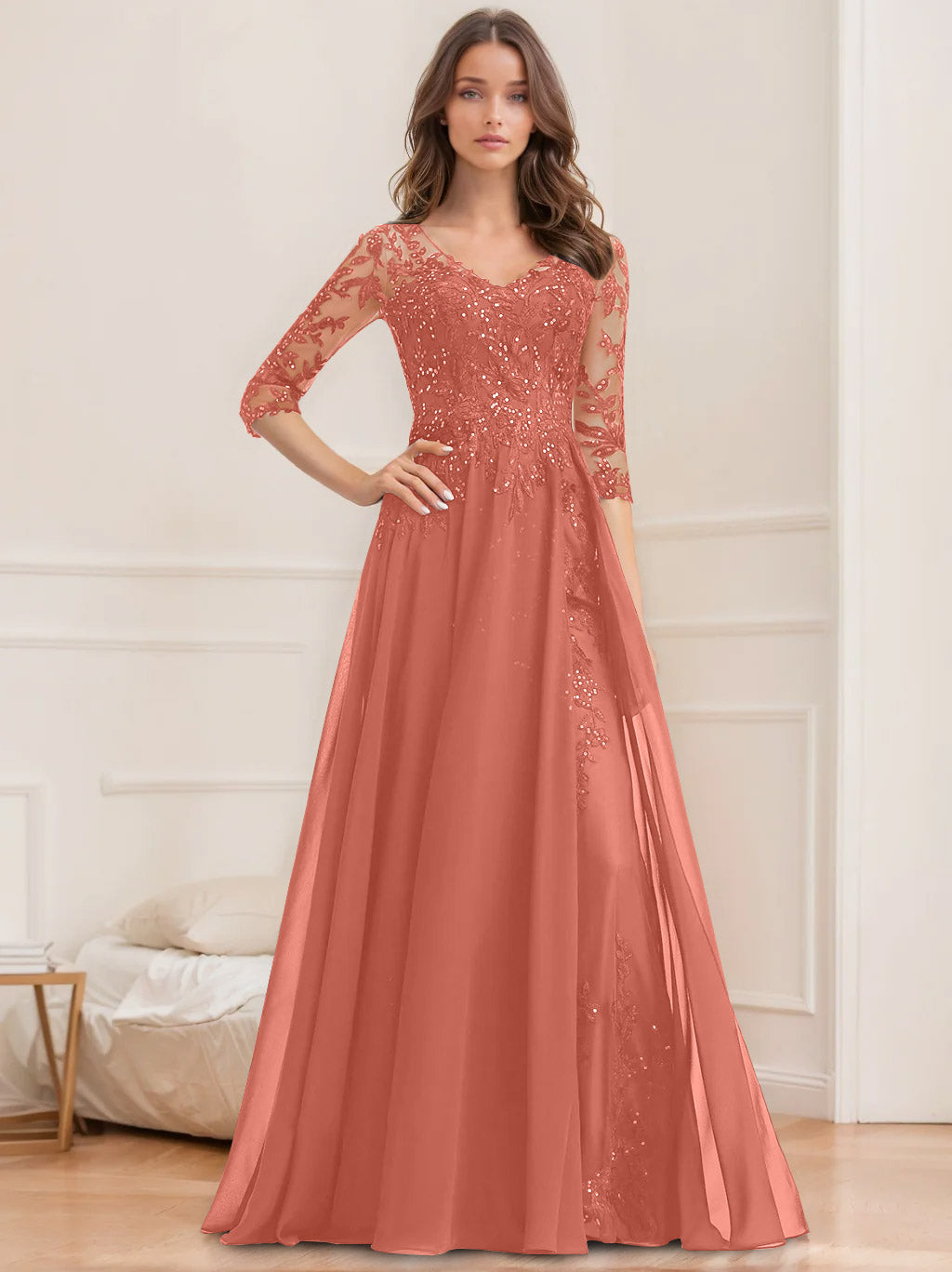 A Line Princess V Neck Half Sleeves Floor Length Mother Of The Bride Dresses With Sequins