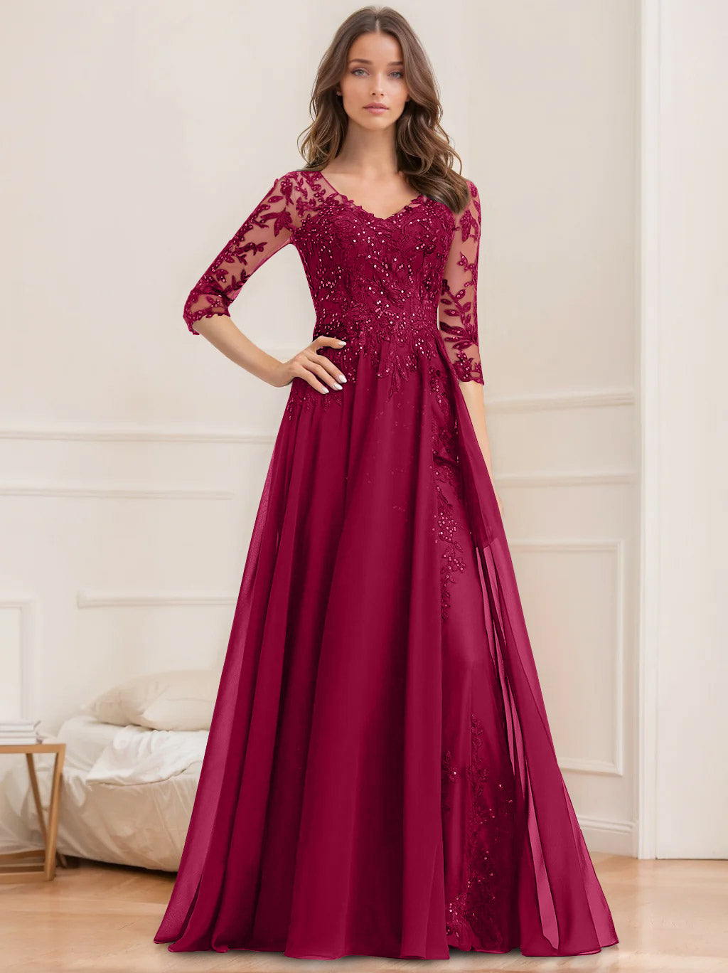 A Line Princess V Neck Half Sleeves Floor Length Mother Of The Bride Dresses With Sequins