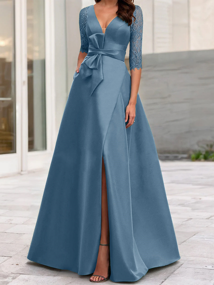 A Line Princess V Neck Half Sleeves Mother Of The Bride Dresses With Split Side