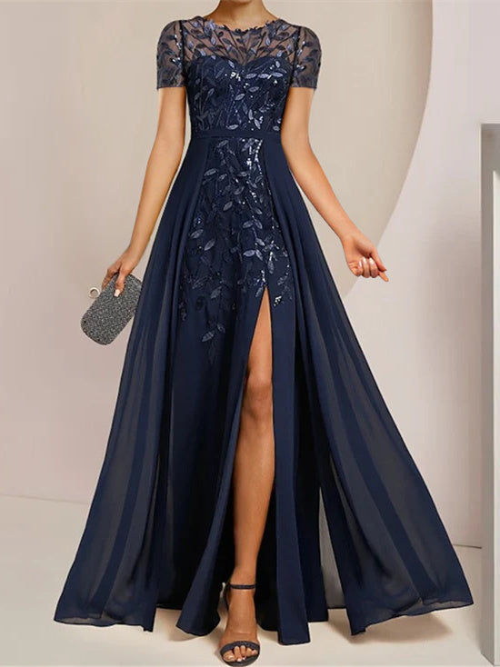A Line Princess Scoop Floor Length Mother Of The Bride Dresses With Split Side Ruffles Sequins