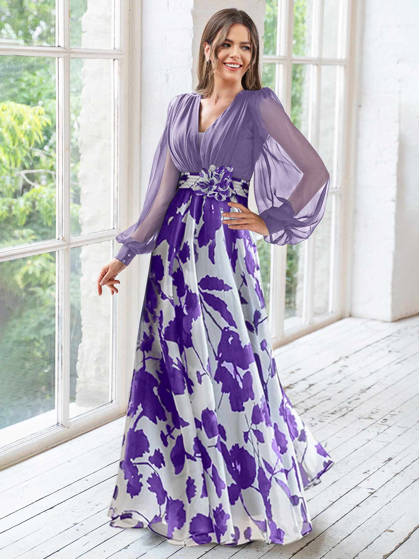 A Line Princess V Neck Long Sleeves Floor Length Floral Mother Of The Bride Dresses With Flower