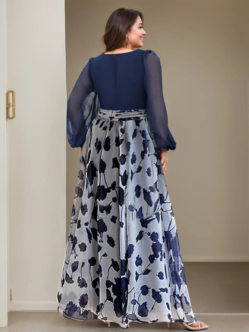 A Line Princess V Neck Long Sleeves Floor Length Floral Mother Of The Bride Dresses With Flower