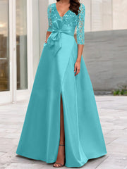 A Line Princess V Neck Floor Length Mother Of The Bride Dresses With Split Side Ruffles Sequins Bow S