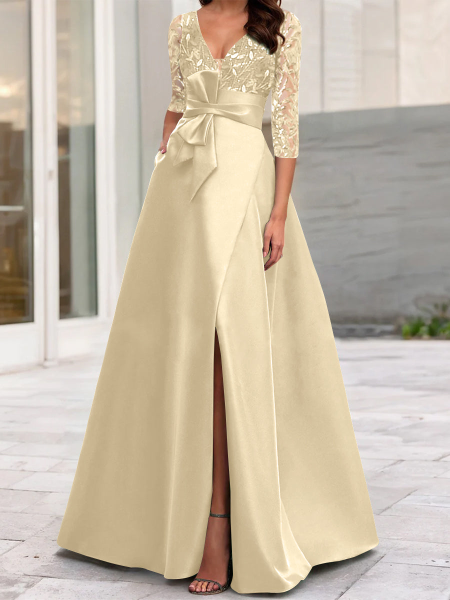 A Line Princess V Neck Floor Length Mother Of The Bride Dresses With Split Side Ruffles Sequins Bow S