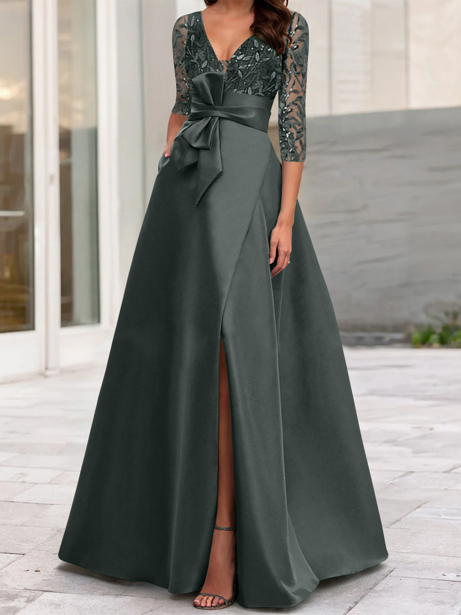 A Line Princess V Neck Floor Length Mother Of The Bride Dresses With Split Side Ruffles Sequins Bow S
