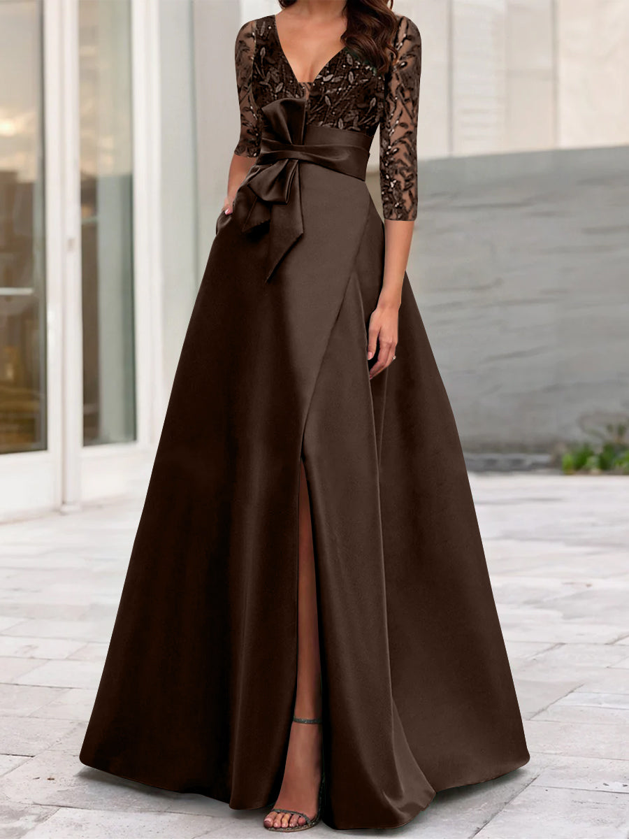 A Line Princess V Neck Floor Length Mother Of The Bride Dresses With Split Side Ruffles Sequins Bow S