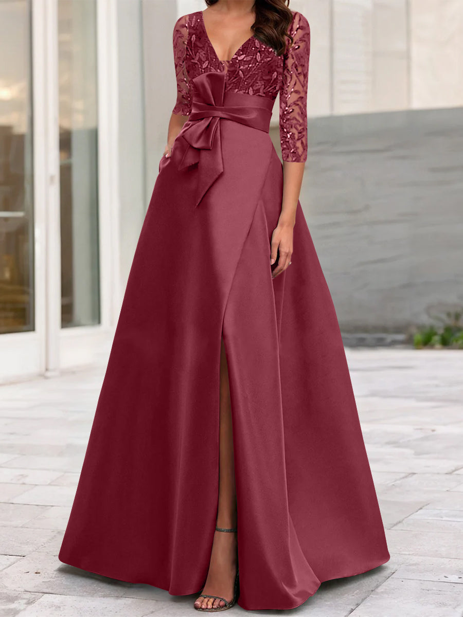 A Line Princess V Neck Floor Length Mother Of The Bride Dresses With Split Side Ruffles Sequins Bow S