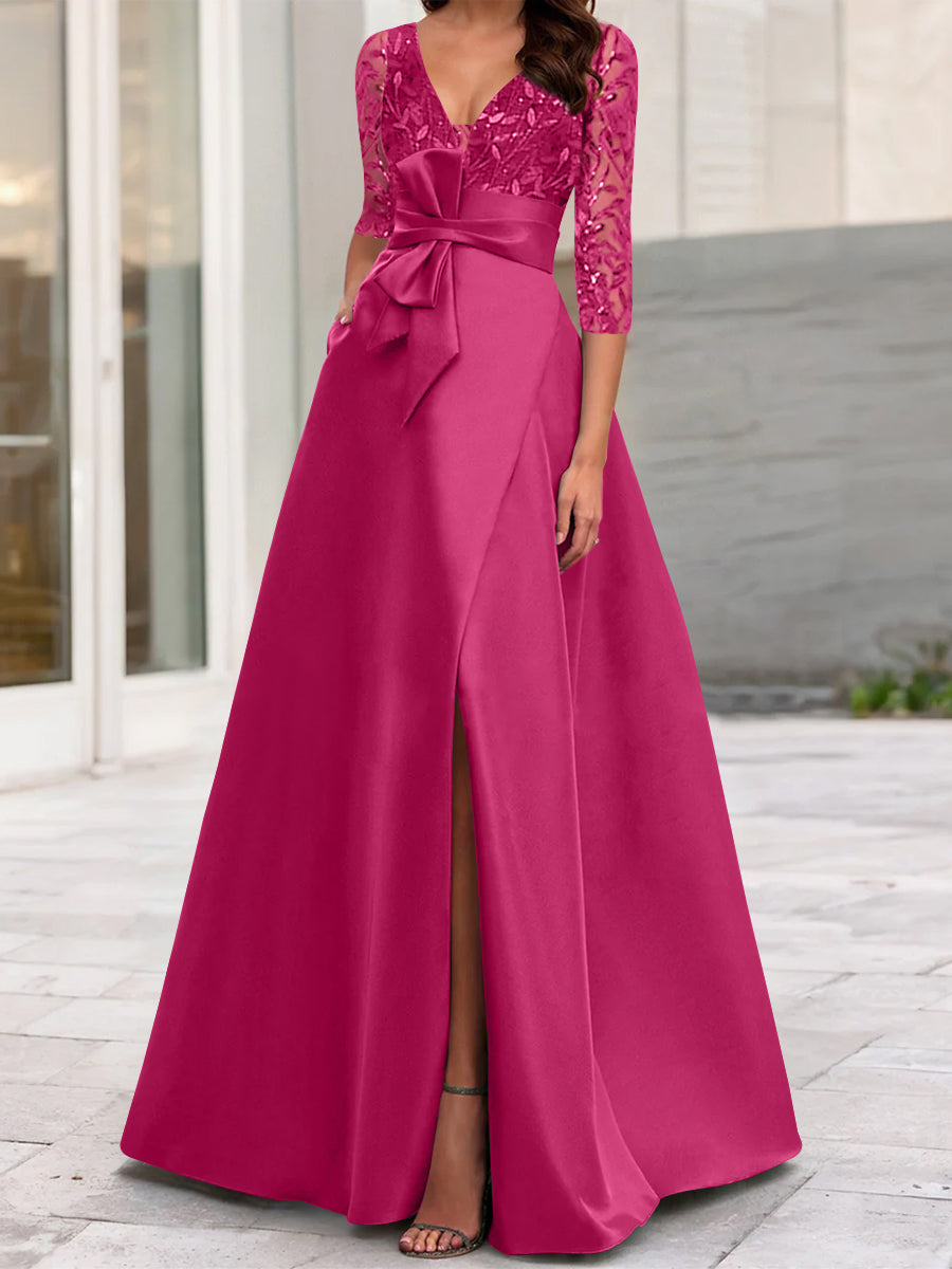A Line Princess V Neck Floor Length Mother Of The Bride Dresses With Split Side Ruffles Sequins Bow S
