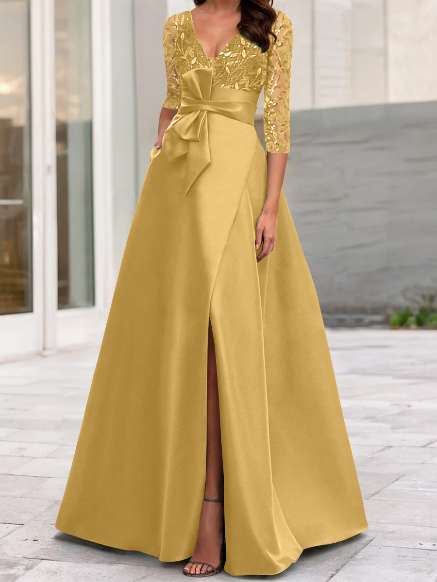 A Line Princess V Neck Floor Length Mother Of The Bride Dresses With Split Side Ruffles Sequins Bow S