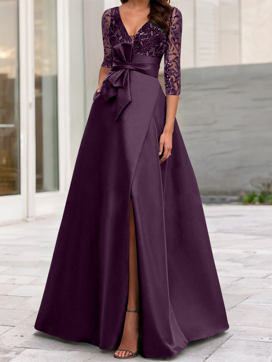 A Line Princess V Neck Floor Length Mother Of The Bride Dresses With Split Side Ruffles Sequins Bow S